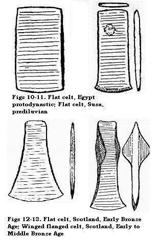 Flat celts, Egypt, Susa, Scotland; Winged flanged celt, Scotland